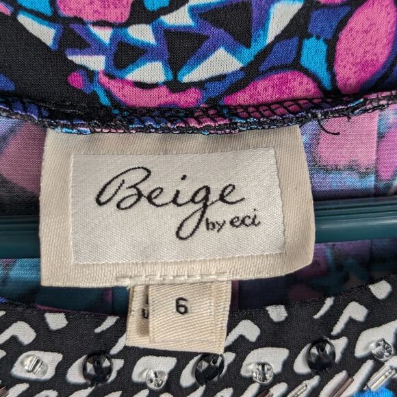 Beige by eci Dress 6 Embellished Neck Pink Blue Print Short Sleeve Stretch Bold - Picture 2 of 5